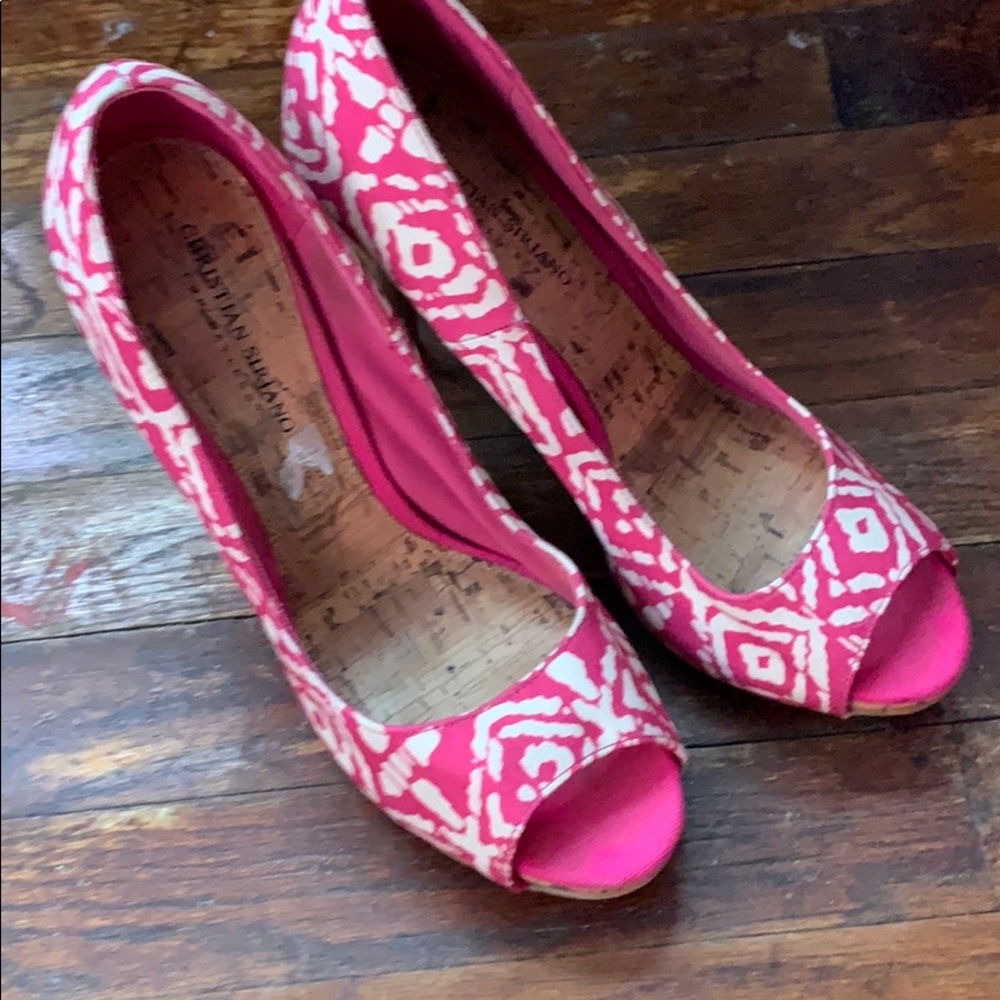 Pink & white cork screw heels